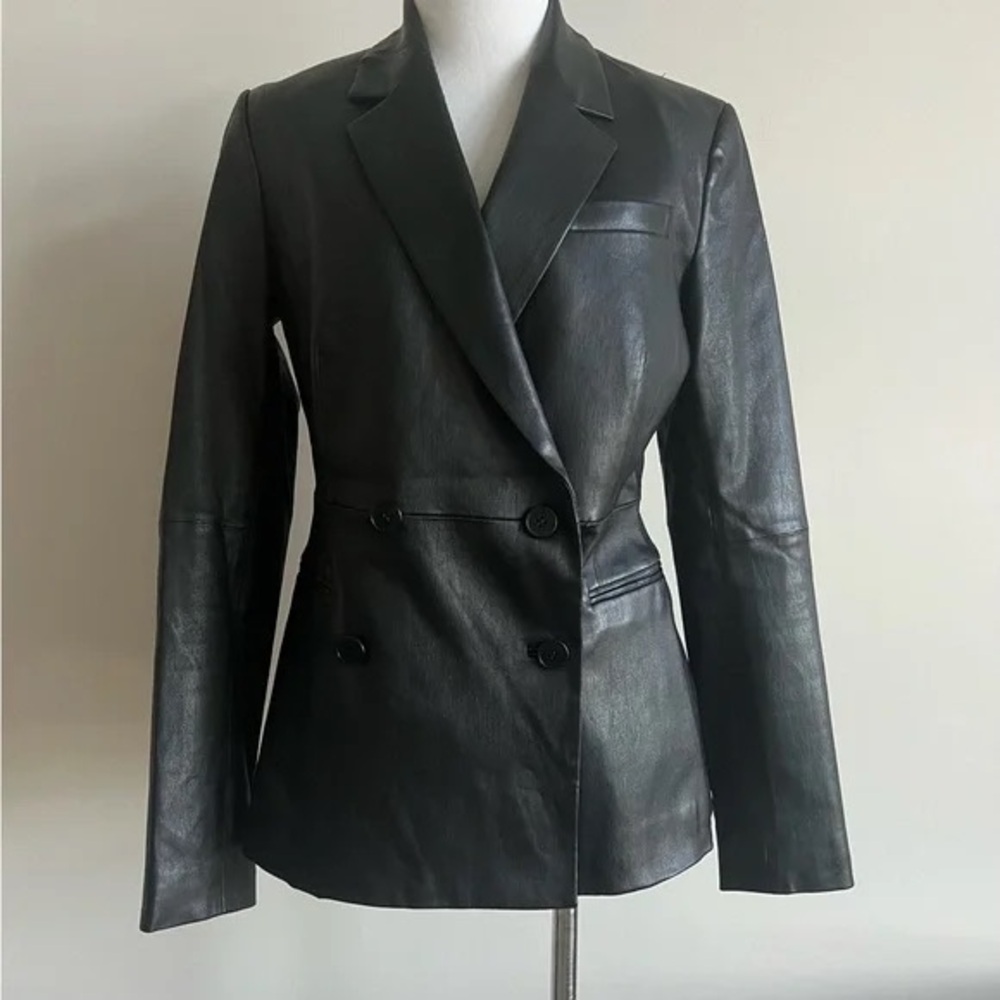 Theory Bristol Black Double-Breasted Leather Blazer 4/Small